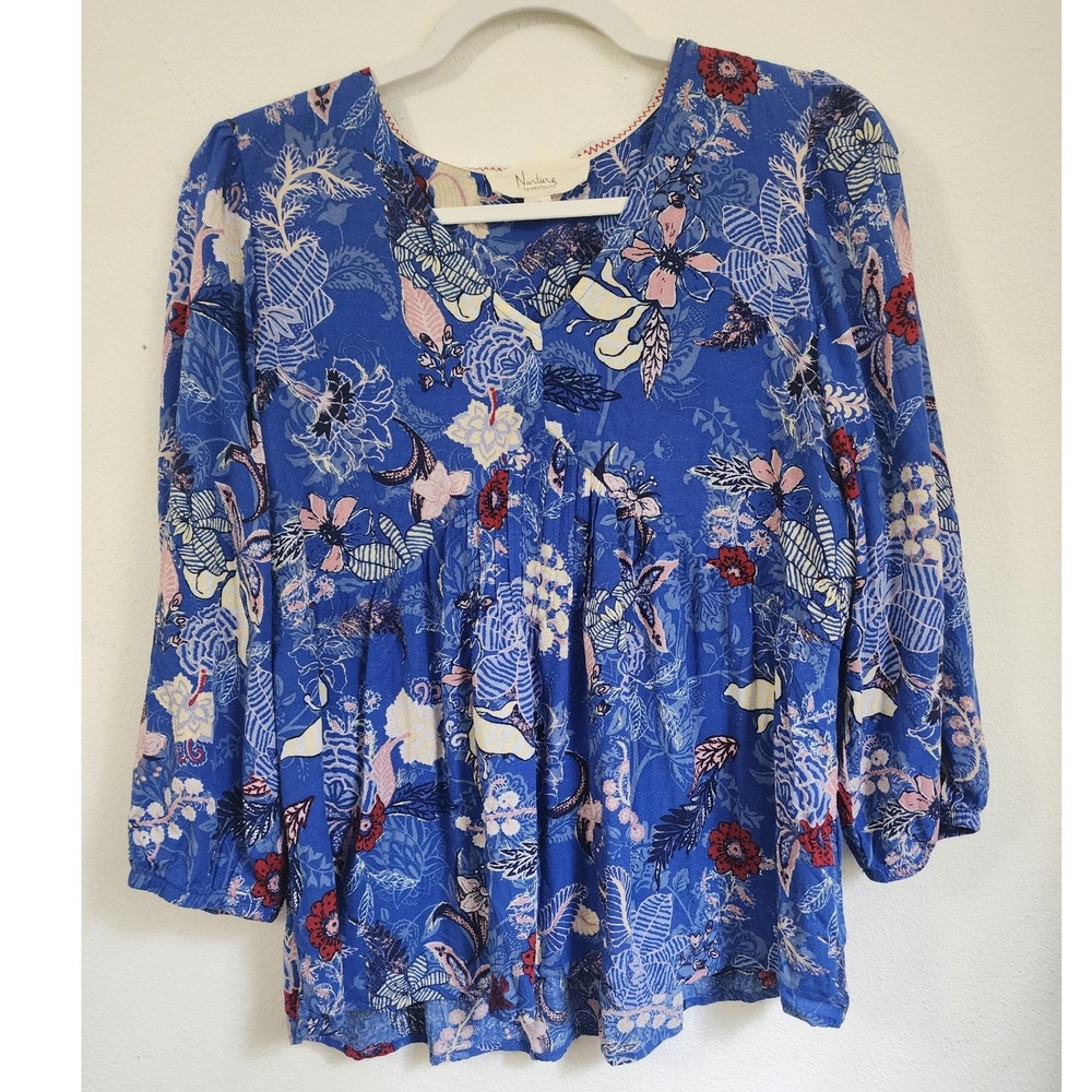 Nurture by Westbound Womens Blue Floral Babydoll Blouse 3/4 Sleeve V-Neck Top M